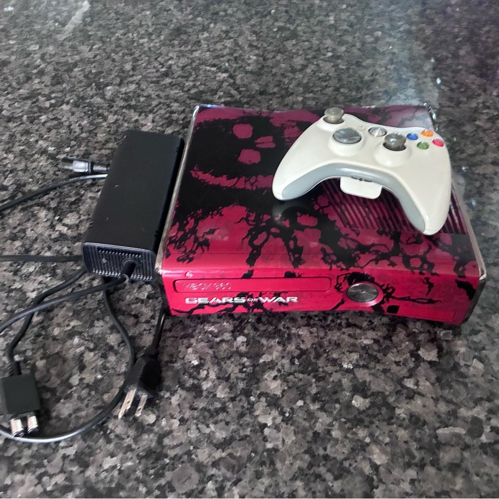 Custom Red & Black Gears-Themed Xbox 360 Console with White Controller